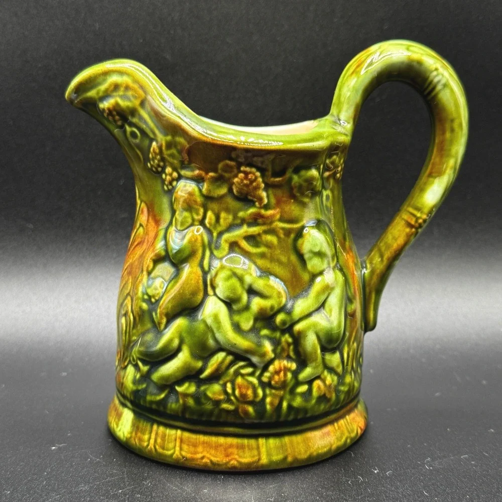Vintage Norton VA Majolica Cherub Relief Ceramic Pitcher Creamer Jug Cottagecore